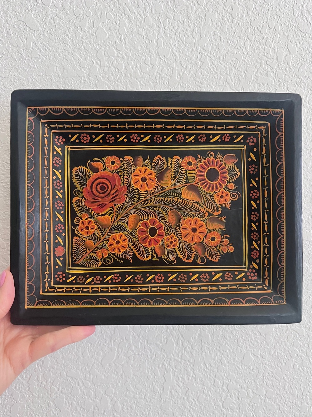 Vintage Russian Khokhloma Folk Art Black Lacquer Orange Yellow Floral Wood Tray